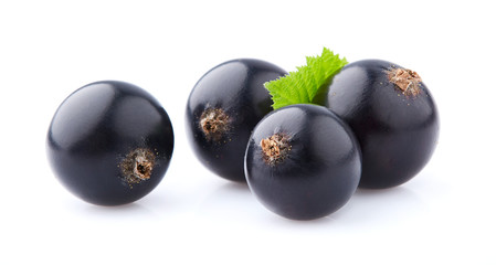 Black currant fruit with leaf isolated on white background