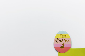 Colorful Easter egg card, with Happy Easter wishes and easter bunny.  Copy space on white background.