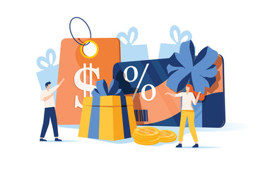 Discount and loyalty card, loyalty program and customer service, rewards card points concept. Vector isolated concept