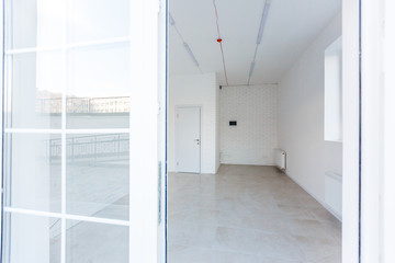 Empty room without repair. interior of white loft room office with panoramic windows in equirectangular projection