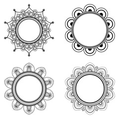 Set of four ethnic ornaments for greeting card, Henna drawing and tattoo template. Vector illustration