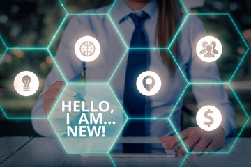 Word writing text Hello I Am New. Business photo showcasing used greeting or begin telephone...