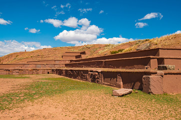 The Akapana pyramid in the archaeological site of Tiwanaku or Tiahuanaco located between La Paz and the Titicaca Lake, Bolivia.