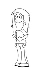 Fototapeta premium Isolated smiling cute girl character standing and pointing with her finger. Black and white sketch line cartoon style vector illustration.