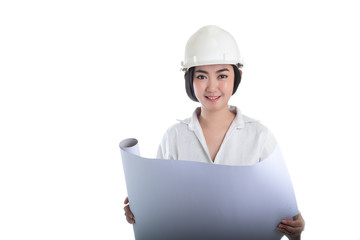 Portrait beautiful young Asia woman civil engineer holding plan drawing  looking forward and thinking of a white background, Planning on construction building concept
