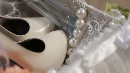 Bridal Shoes Close-Up photo. Wedding Dresses.