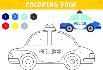 Coloring by numbers educational game for kids. Vector illustration for preschool.Vector cartoon police car
