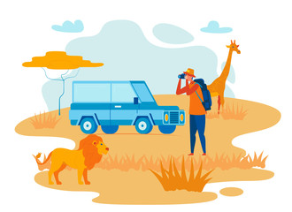 Wild Africa Exploration Flat Vector Illustration. African Safari, Road Trip, Expedition. Explorer Photographing Lion Cartoon Character. Wildlife Photographer Taking Giraffe Photo. Desert Car Travel