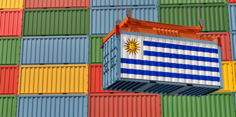 Freight container with Uruguay flag. 3D Rendering