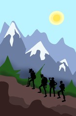 a happy group people of people in sunny weather climb the mountain 