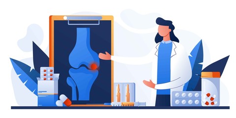 Knee or leg X-ray screen. Bone pain. Human anatomy healthcare medical concept. World arthritis day. Osteoporosis for landing page, banner. Doctor research human joints. Traumatology and orthopedic
