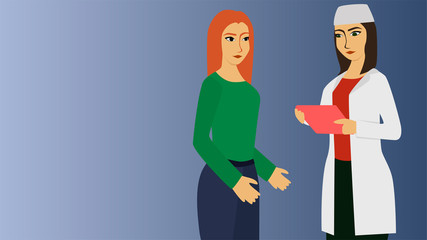 Obraz premium Doctor taking notes on tablet while patient is talking. Serious female doctor in white medical gown listening to patient. Young doctor consulting her patient at private clinic