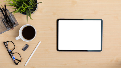 Wooden Table Office desk top view design workspace layout left have plant, coffee cup, pen,...
