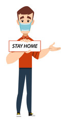 man wearing mask and advice for stay home. coronavirus prevent advice