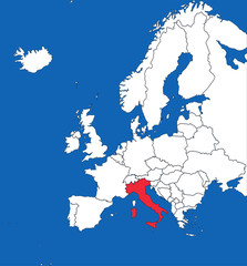 Italy map highlighted on europe map. White on blue background. Perfect for business concepts, backgrounds, backdrop, poster, sticker, banner, label and wallpaper.