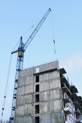 Tower crane and building activity. Construction site background.