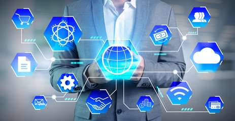 Business man or Investor holding phone use technology internet for Comunity social media, investment, check stock, shopping online, send email with shareholder and access to big data