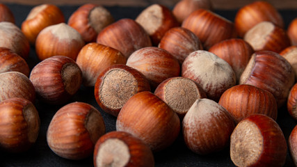 Lot of hazelnuts in shells, close up.