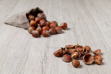 Shelled hazelnut with shell and kernel. Linen bag in the background