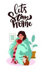 Stay at home! Freelancer character working from home. Businesswoman working on using digital tablet at home holding a coffee cup in hand.