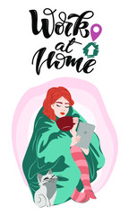 Stay at home! Freelancer character working from home. Businesswoman working on using digital tablet at home holding a coffee cup in hand.
