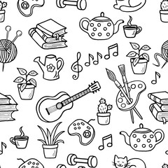 Seamless pattern with hand-drawn doodle home activities, hobbies, coloring page. Slogan: Stay home