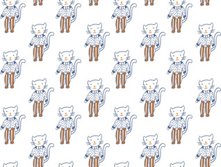 Seamless pattern from cats in striped trousers and a polka dot shirts with a bow ties. Scandinavian-style feline family pets for children's design,  textile, fabric, wrapping papper, clothing. Vector.