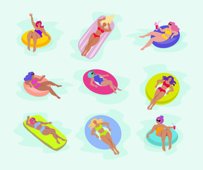 Obraz premium Girls in swimsuit on inflatable swimming pool float.