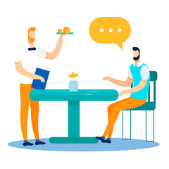 Office Worker Having Lunch at Cafe. Waiter Serving Table, Bringing Visitor Order. Break Time at Work. Cartoon Man and Garcon Characters. Dialogue between Professional Staff. Vector Flat Illustration