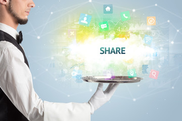 Waiter serving social networking concept with SHARE inscription