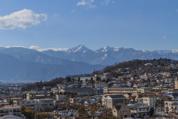  	春の松本城の天守からみた風景