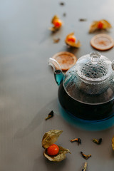 Thai blue tea in a glass teapot