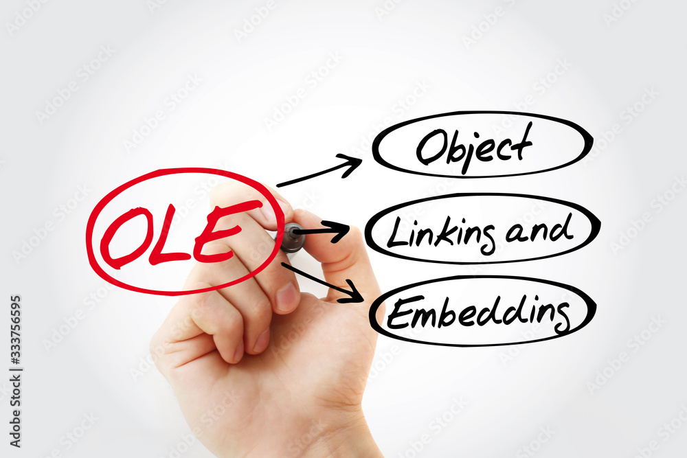 Poster ole - object linking and embedding acronym with marker, technology concept background