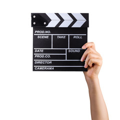 Fototapeta na wymiar Human hand holding film clapper board isolated on white background with clipping path