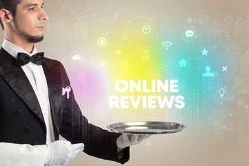 Waiter serving social networking with ONLINE REVIEWS inscription, new media concept