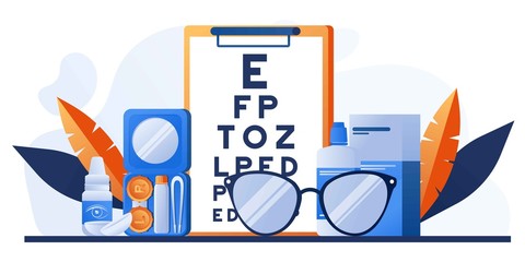 Ophthalmology concept. Ophthalmologist female doctor eyesight check up. Vison test medical concept with glasses, eye examination, eye drop, chart, lens with case. For banner, website design or landing