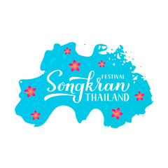 Songkran festival calligraphy hand lettering with water splashes and frangipani flowers. Thailand holiday celebration typography poster. Vector template for banner, flyer, sticker, greeting card, etc