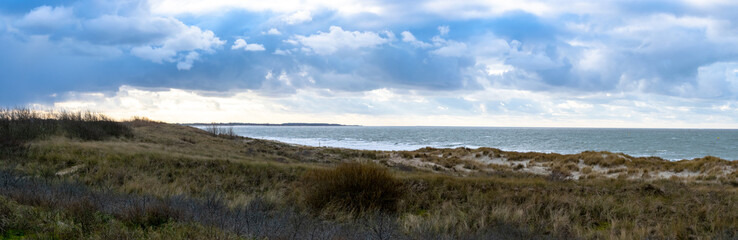 Fototapeta na wymiar Panoramic view dunes on dutch beach