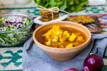 Cabbage sauerkraut Russian traditional vegetables soup. Vegan, vegetarian healthy low fat food in ceramic bowl dish.