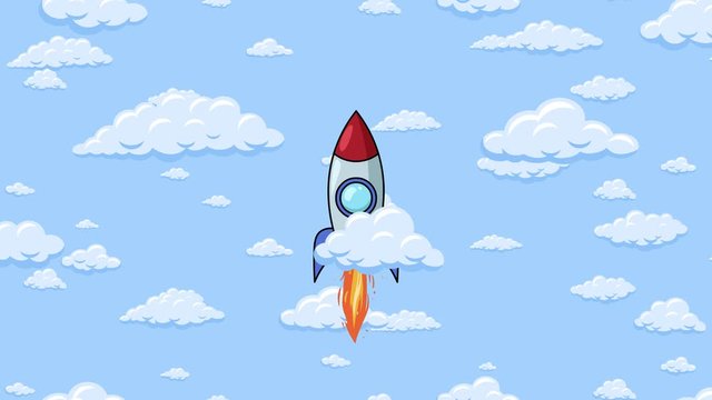 Cartoon rocket flying up around on blue sky with fluffy clouds background. Seamless looping animation.