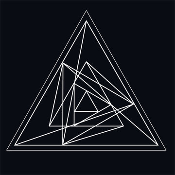 Black vector line sketch tattoo rose flower petals mandala, the swirl in the triangle. Logotype, logo, trade mark, 3d pyramid. Vector image, geometric symbol of the fire triangle on a white background