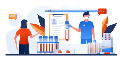 Epidemic MERS-CoV virus 2019-nCoV. Doctors wearing mask and talking about corona outbreak. Prevent virus spreading. Viral pandemic. Online doctor. Vector illustration. Medical care, telemedicine