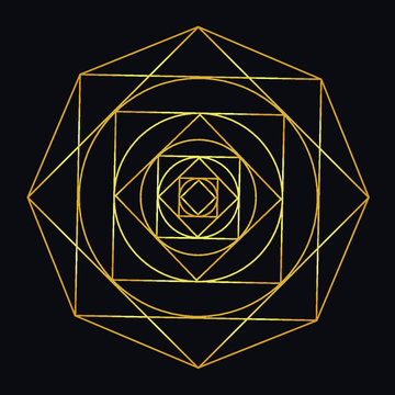 Neon golden line vector sketch of a tattoo rose mandala with flower petals, square, polygon, point, circle and seamless pattern. Hand-drawn alchemy, spirituality, with mystical geometry symbol.