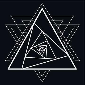 White and black line sketch tattoo rose flower petals mandala, the swirl in the triangle. Logotype, logo, trade mark, 3d pyramid. Vector image, geometric symbol of the fire triangle.