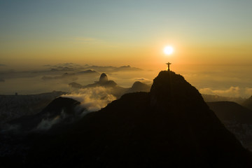 Aerial, panoramic view of Guanabara Bay and Corcovado with Christ the Redeemer statue during the sunrise in Rio de Janeiro