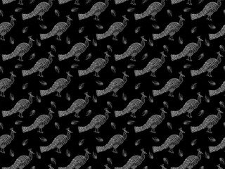 Seamless pattern of patterned peacocks and feathers hand-drawn from white contours on a black background. For fabric, wallpaper, textile, wrapping paper, scrapbooking, fashion. Vector.