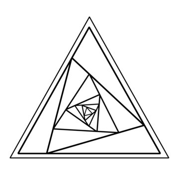 Black vector line sketch tattoo rose flower petals mandala, the swirl in the triangle. Logotype, logo, trade mark, 3d pyramid. Vector image, geometric symbol of the fire triangle on a white background