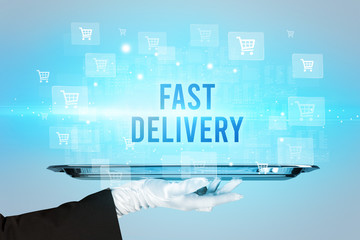 Waiter serving FAST DELIVERY inscription, online shopping concept