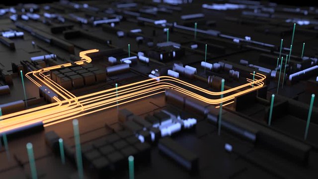 Energy flowing into realistic circuit board unit on pc 