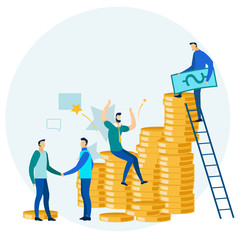 Office Business People Earn Money Metaphor Cartoon. Man with Cash Dollar Banknote Stand on Ladder on Top Coins Pile. Partners Shake Hands. Happy Co-worker Sit on Stack. Vector Flat Illustration